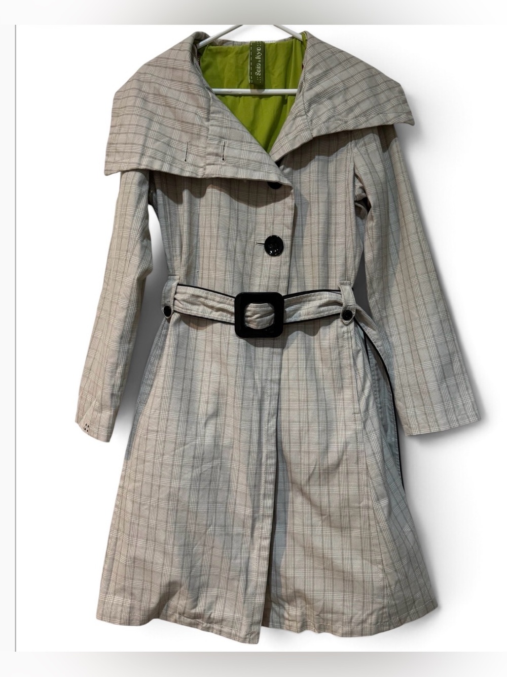 Soia & Kyo Plaid Trench Coat with Lime Green Lining